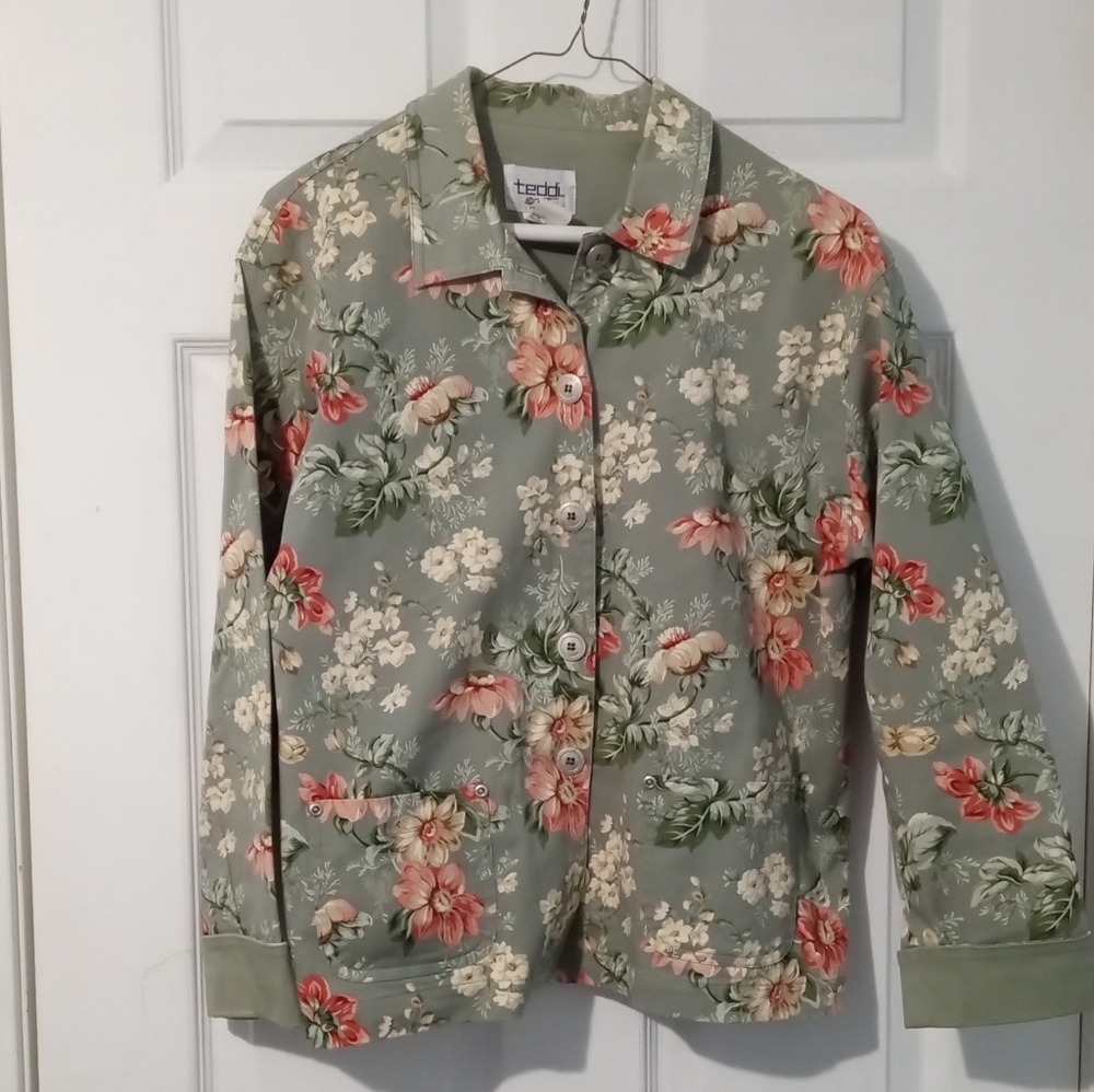 Teddi Floral Jean Jacket - Olive and Coral